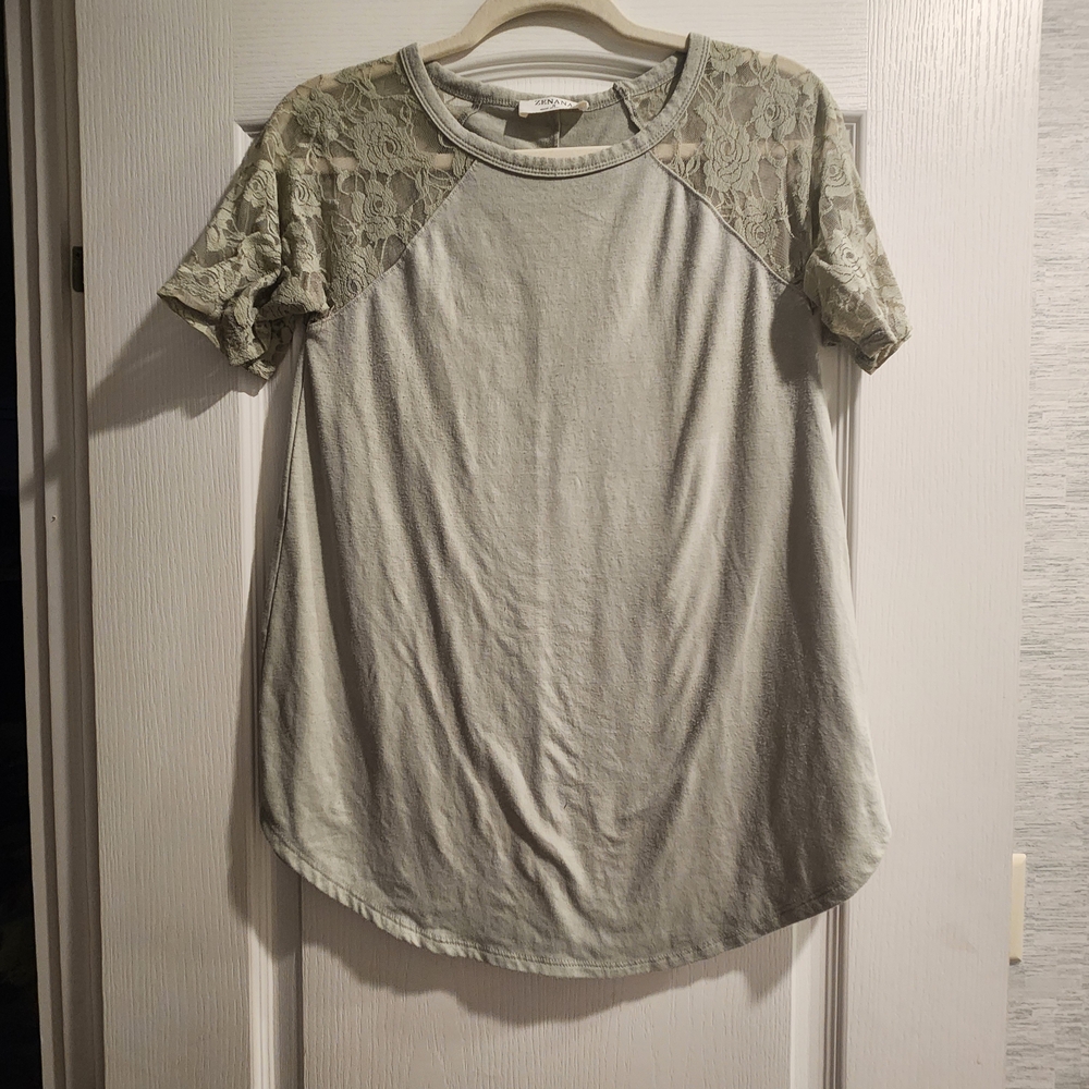 Elegant Lace Sleeve Women's Top in Gray Size S Euc